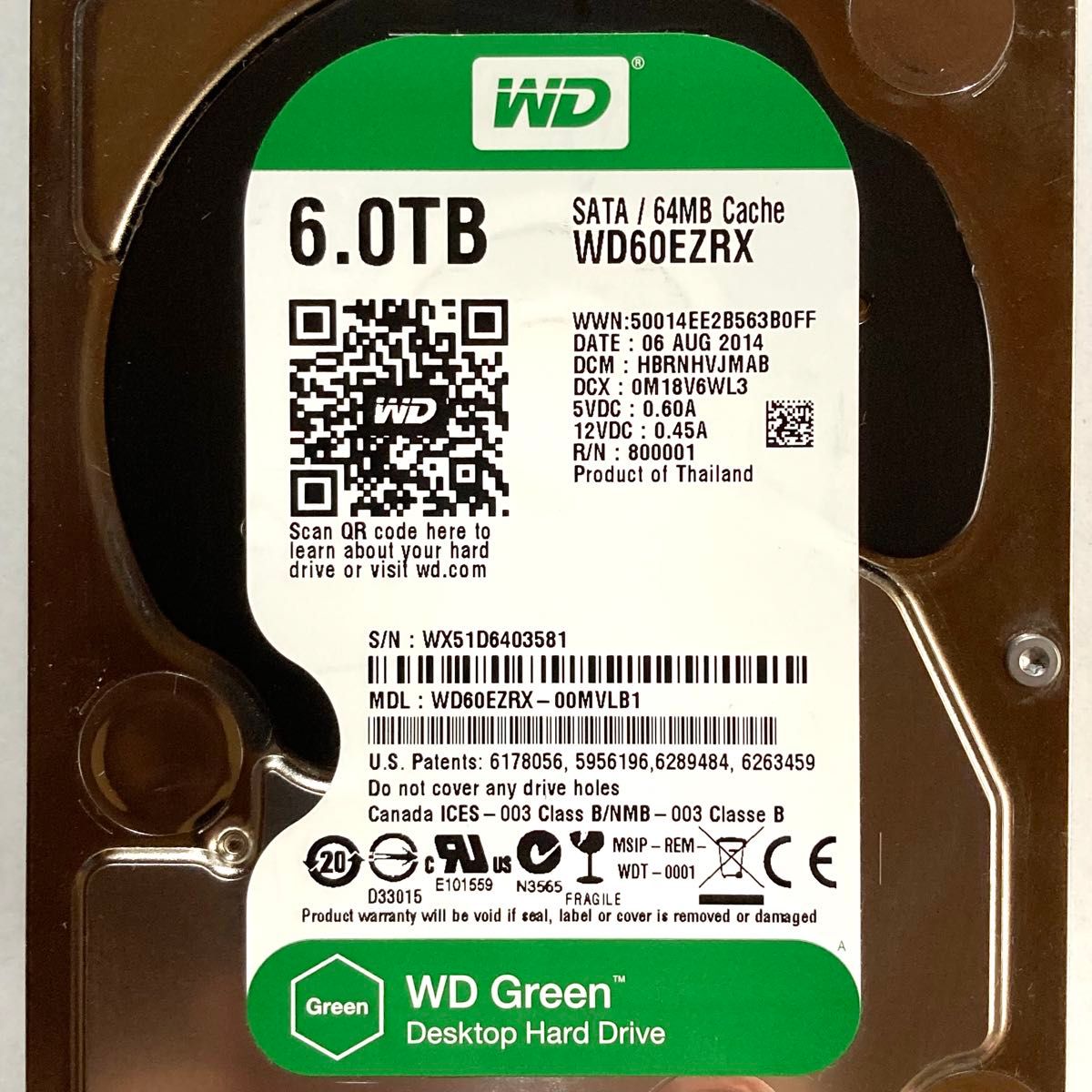 ★ 6TB WD Green 3.5インチ SATA 内蔵型HDD 中古 ★ WD60EZRX 内蔵型ハードディスク ★