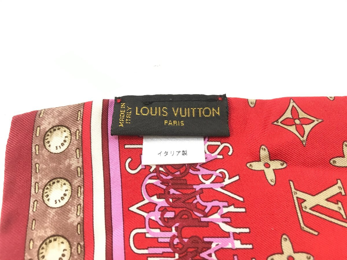 LOUIS VUITTON ルイヴィトン バンドー モノグラム マップ リボン スカーフ 赤 ピンク グラデーション シルク100％ レディース Y04-05-A★_画像4