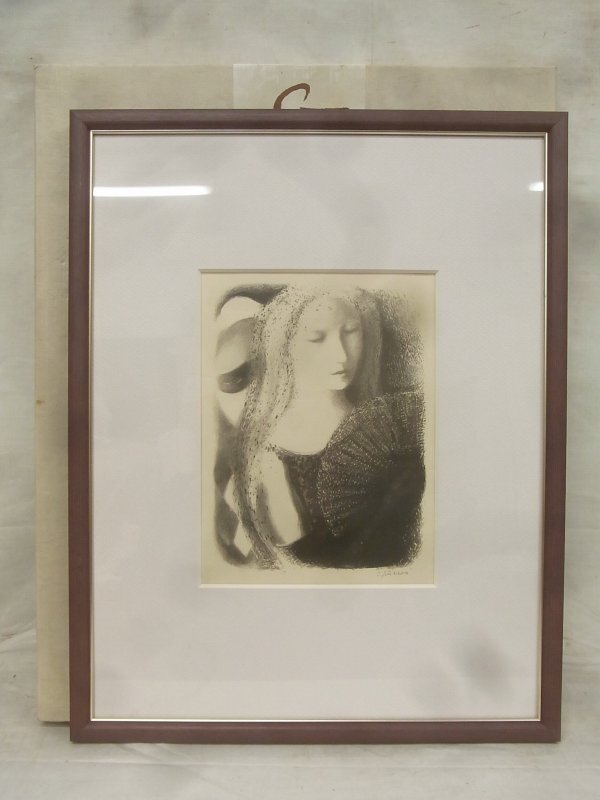 E2880 Ludmila Jirincova 「Divka s Vejirem」扇子の女性 リトグラフ 小品 額装の画像1