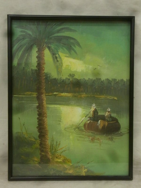 E3344 作者不明 椰子の木にたらい舟 油彩 F5大 額装の画像1