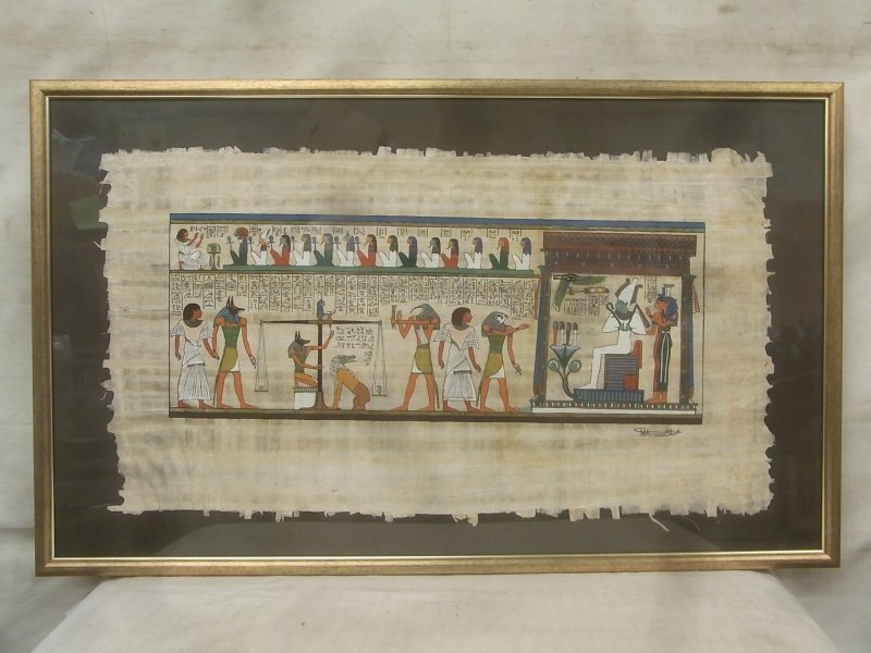 E2693 パピルス画 サイン有 神像 額装 横長 エジプト美術の画像1