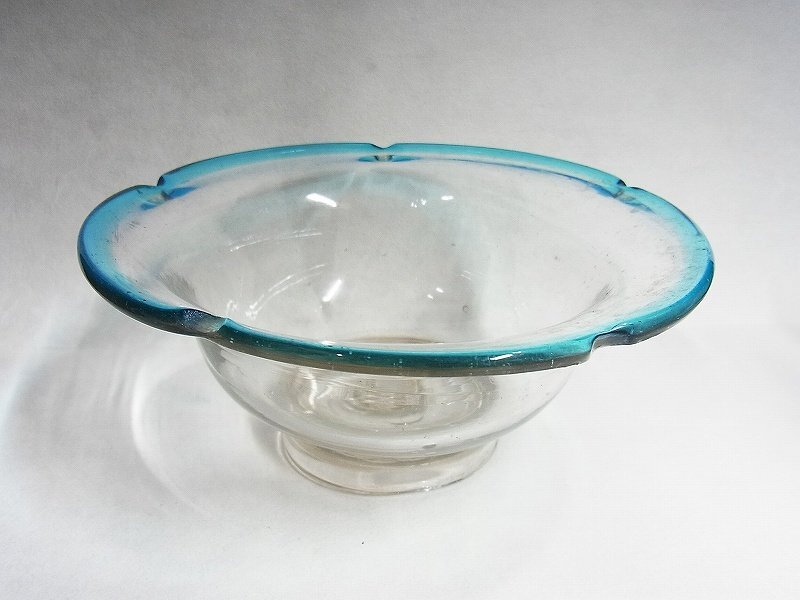 A4653 大正ロマン 手吹ガラス 青フチ 氷皿 デザートカップ 戦前の画像1