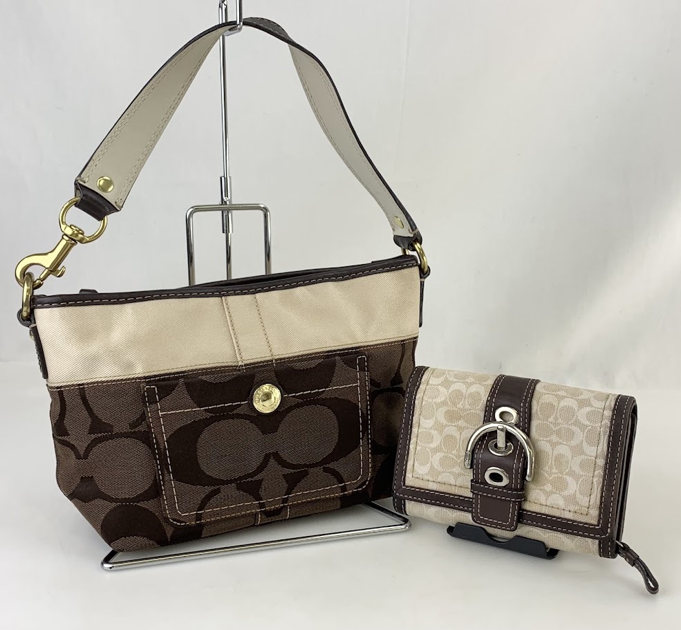 【1円出品】F0425 COACH コーチ 2点セット 11688 シグネチャー ワンショルダー ハンドバッグ 2つ折り財布 キャンバス レザー ウォレットの画像1