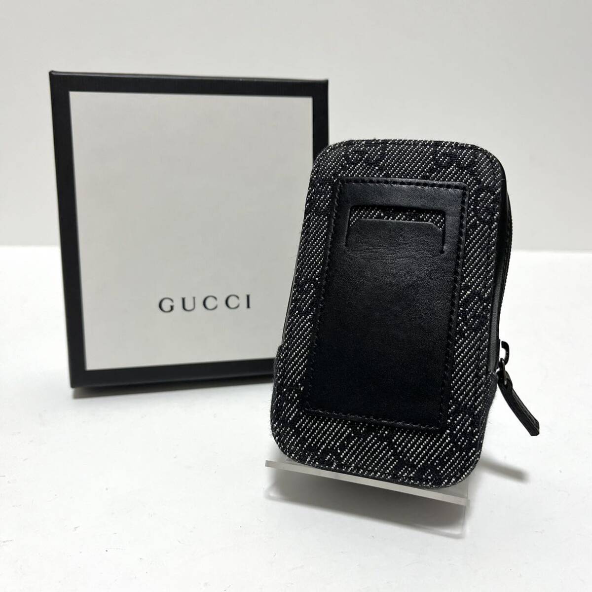 【0764】美品 GUCCI グッチ シガレットケース タバコケース GGキャンバス×レザー デニム ポーチ コスメ メンズ レディース ブラック 黒 _画像2