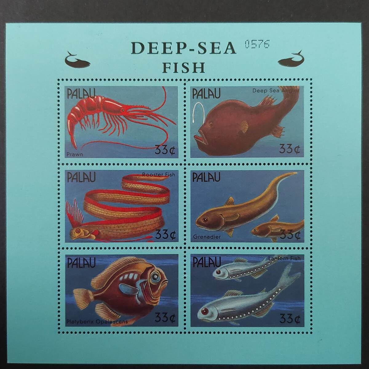 J432 パラオ切手「深海魚6種切手小型シート」未使用_画像1