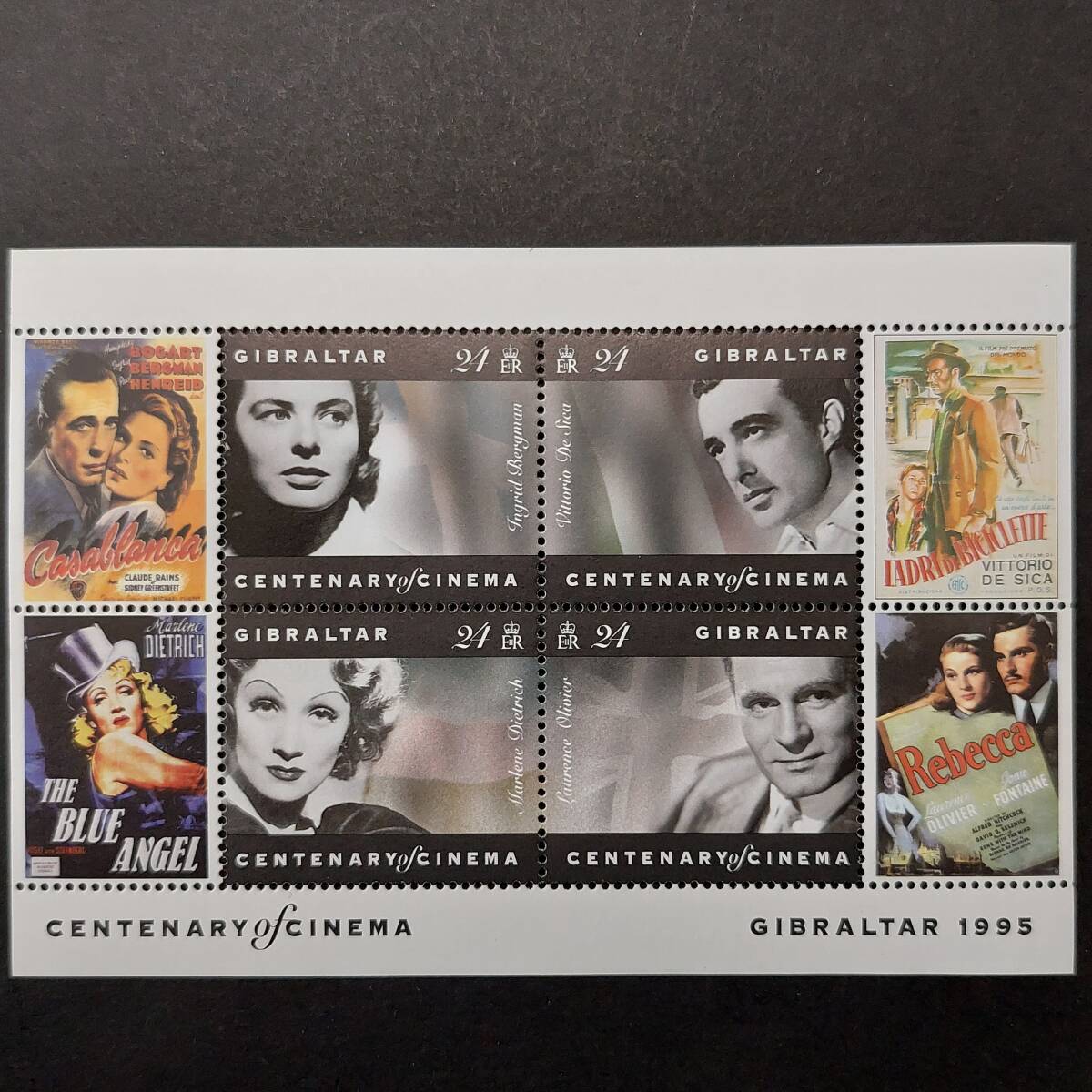 J477 ジブラルタル切手「映画公開100年記念ハリウッドスター(バーグマン、デシーカ、デートリッヒ、オリビエ)4種小型シート」1995年 未使用の画像1