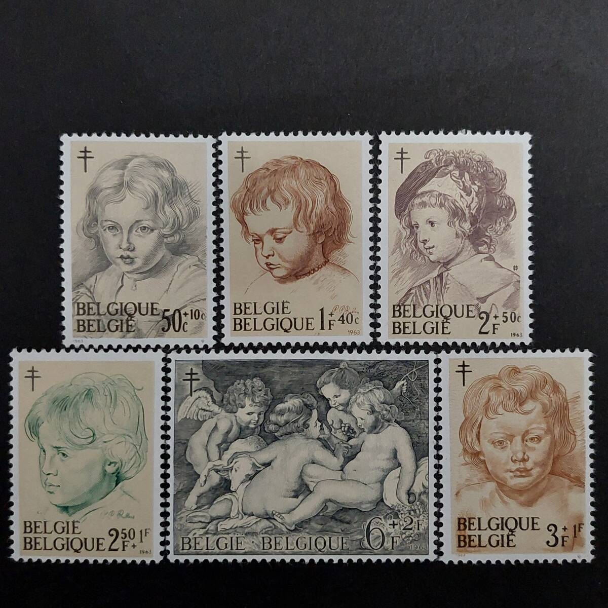 J507 ベルギー切手「バロック期のフランドルの画家『ルーベンスの子供・天使の絵画切手』(結核予防寄付金付き)6種完」1963年発行 未使用の画像1