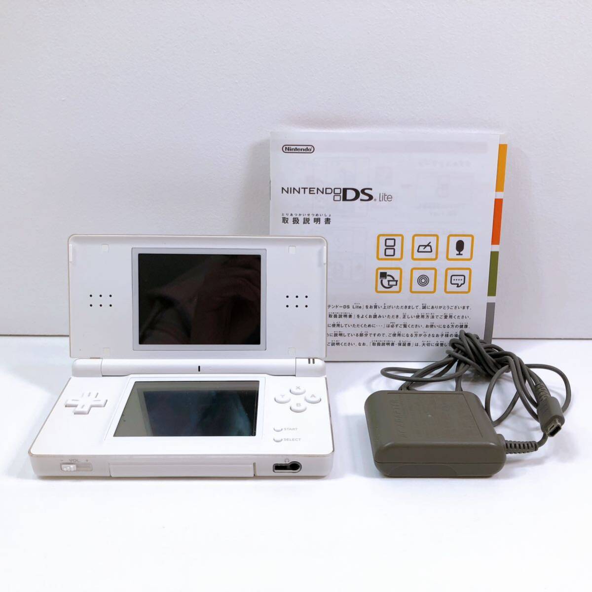 198【中古】Nintendo DS Lite 本体 USG-001 クリスタルホワイト ニンテンドー DSライト タッチペン 説明書 充電器付き 動作確認済み 現状品の画像1