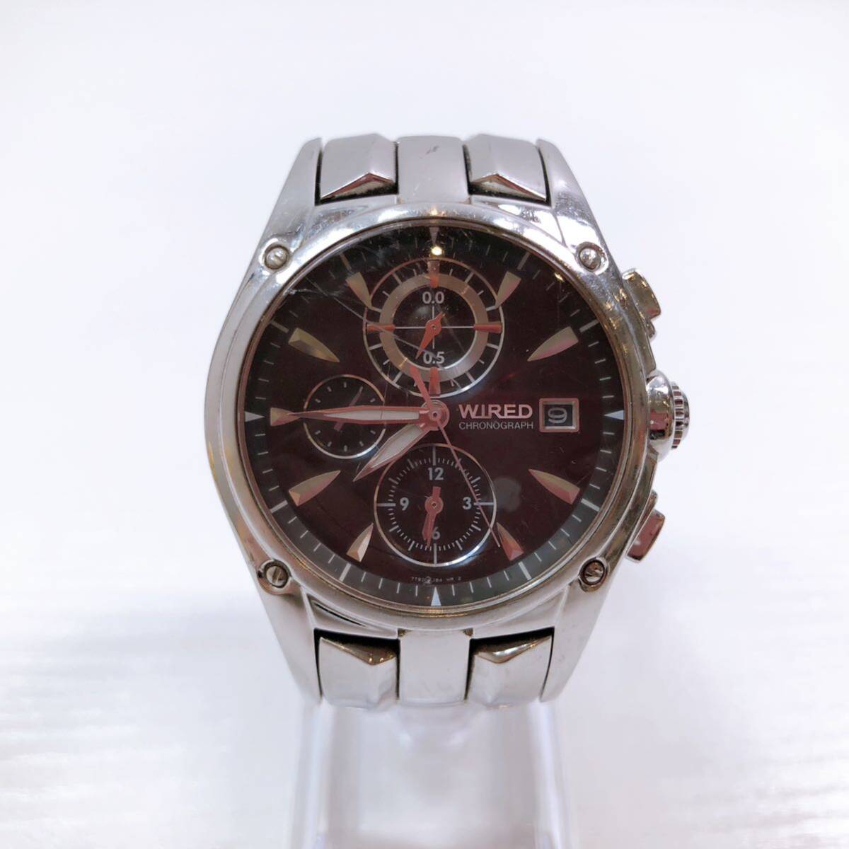 155[ used ]WIRED men's wristwatch 7192-0GK0 Wired silver face wine red chronograph Date Seiko operation not yet verification present condition goods 