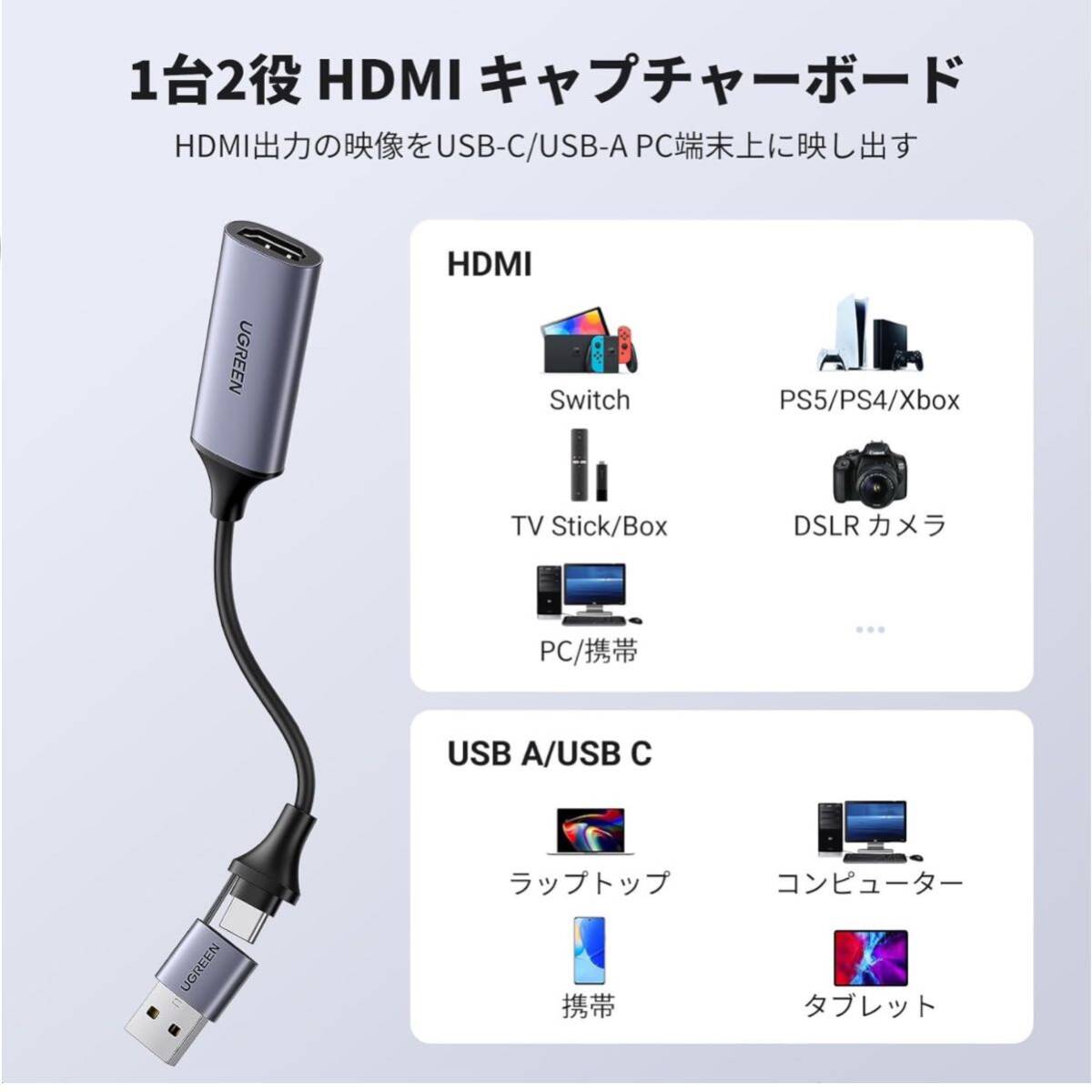 【開封のみ】UGREEN ★HDMI キャプチャーボード Switch対応 UVC HDMI キャプチャ ビデオキャプチャーカード 1080P/4K＠60Hz Type C&USB 