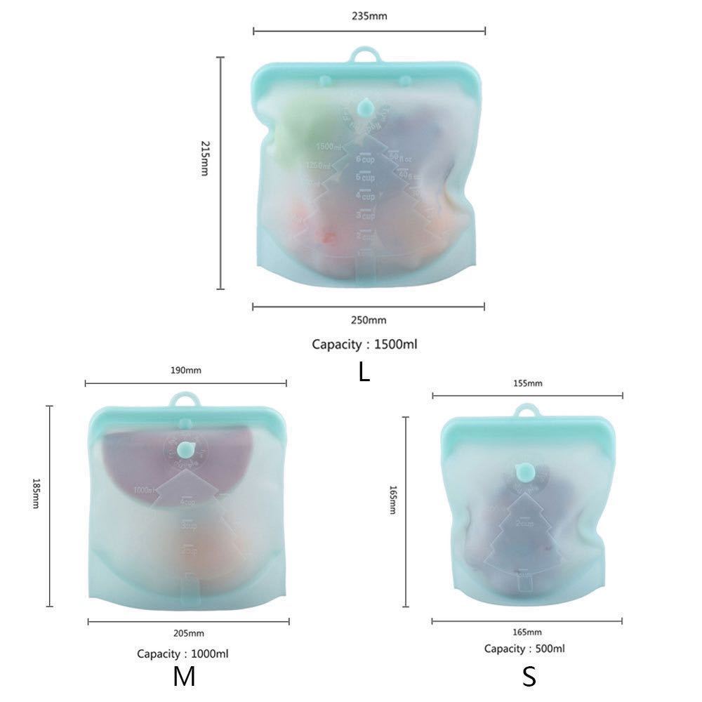 シリコーンバッグ繰り返し可能500ml+1000ml+1500ml 鮮度保つ袋密封シリカゲル家庭用漏れ防止電子レンジ冷蔵冷凍白　３点セット