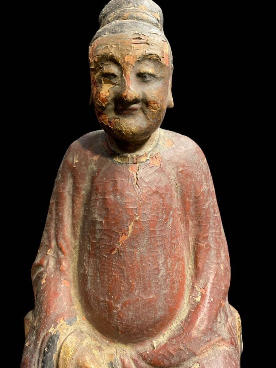 R03/時代 木彫 伝来 彩色 仏像 仏教美術 座像 中国 骨董 の画像2