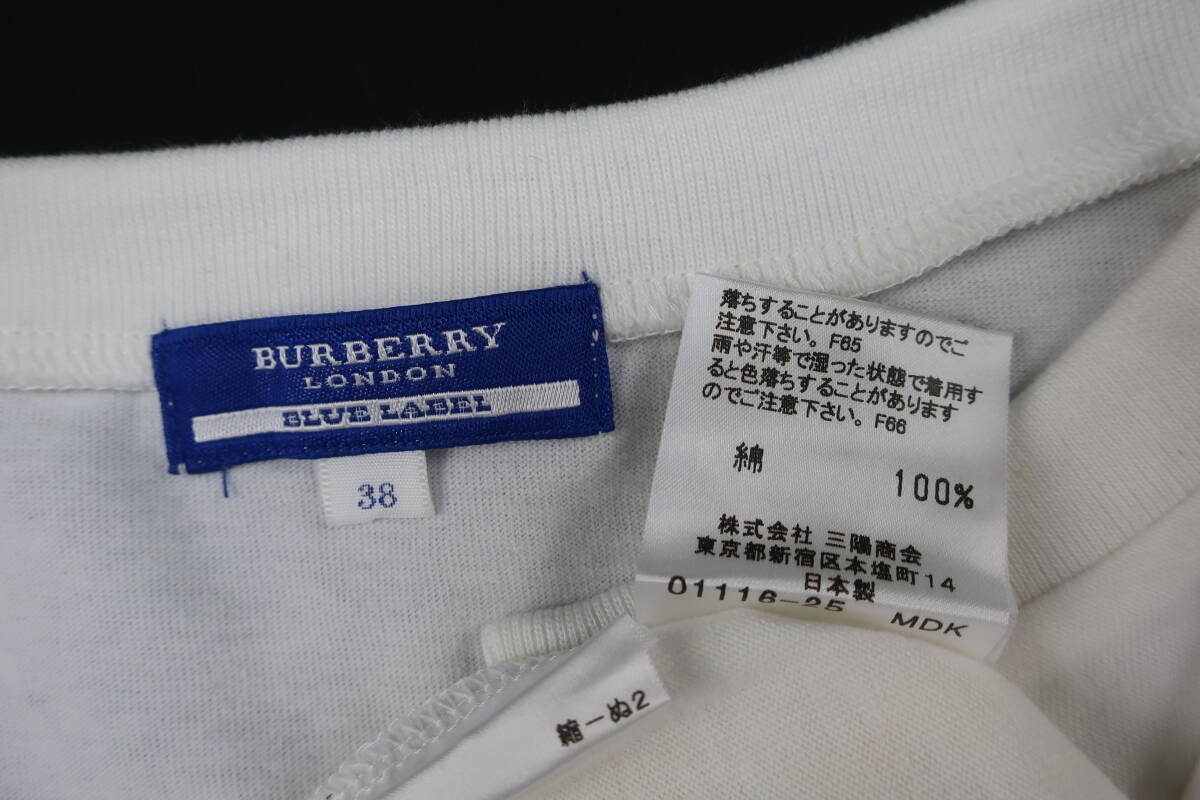 【送900円】 243 BURBERRY BLUE LABEL バーバリー レディース 半袖Tシャツ 白 38 首元リボン ワンポイントロゴ入りの画像4