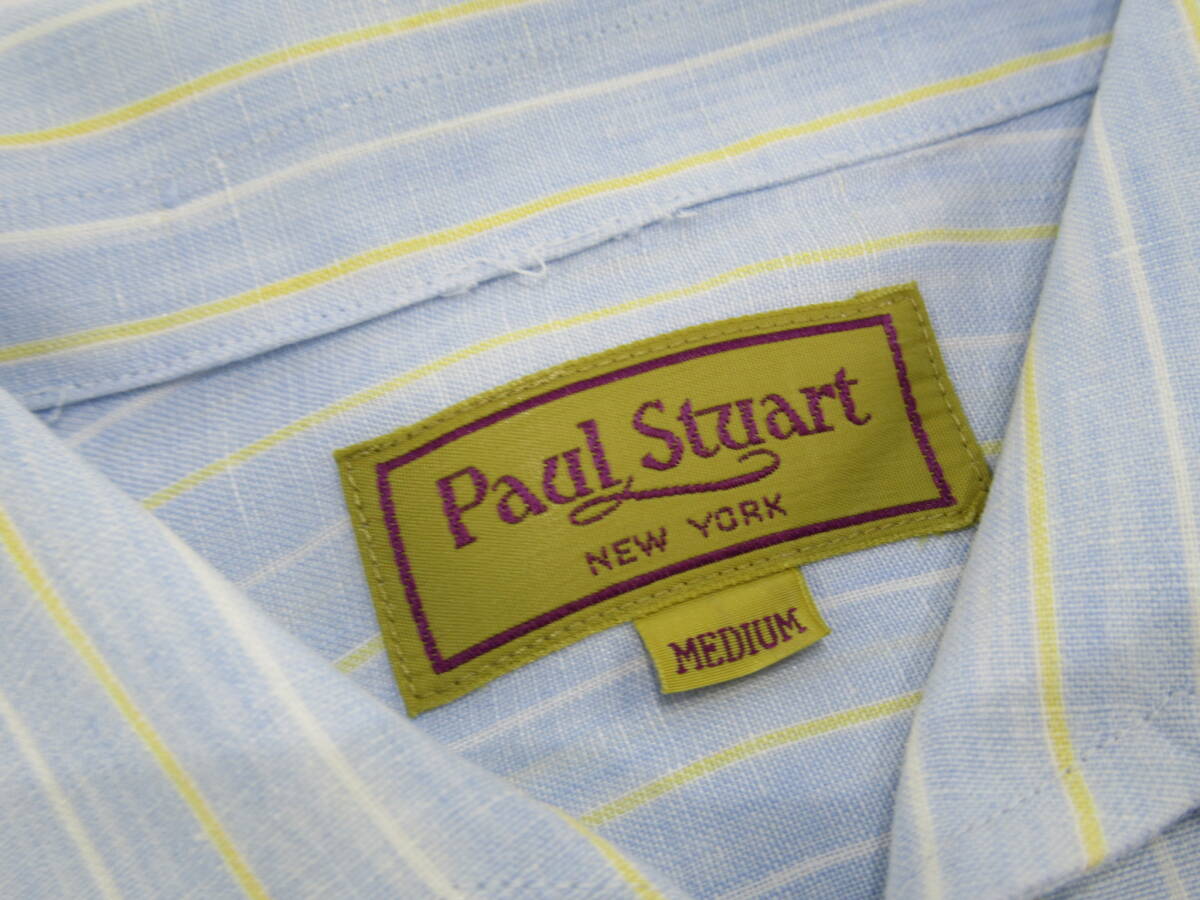 【送900円】　217　Paul Stuart　ポールスチュアート　メンズ　2wayカラー麻シャツ　ボタンダウン/オープン　ストライプ　ブルー系　MEDIUM_画像6