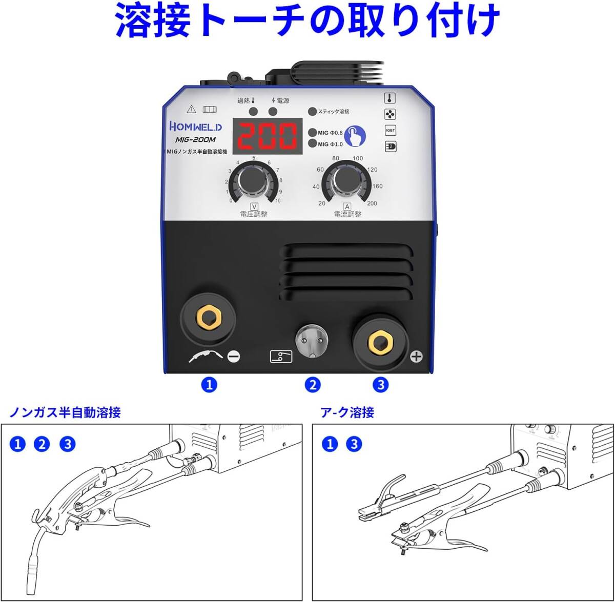 半自動溶接機 MIG200M AC100V 1台両用 MMA・MIGインバータ アーク溶接機 小型軽量で手軽に移動が可能 家庭用 電気溶接機 日本語説明書_画像3