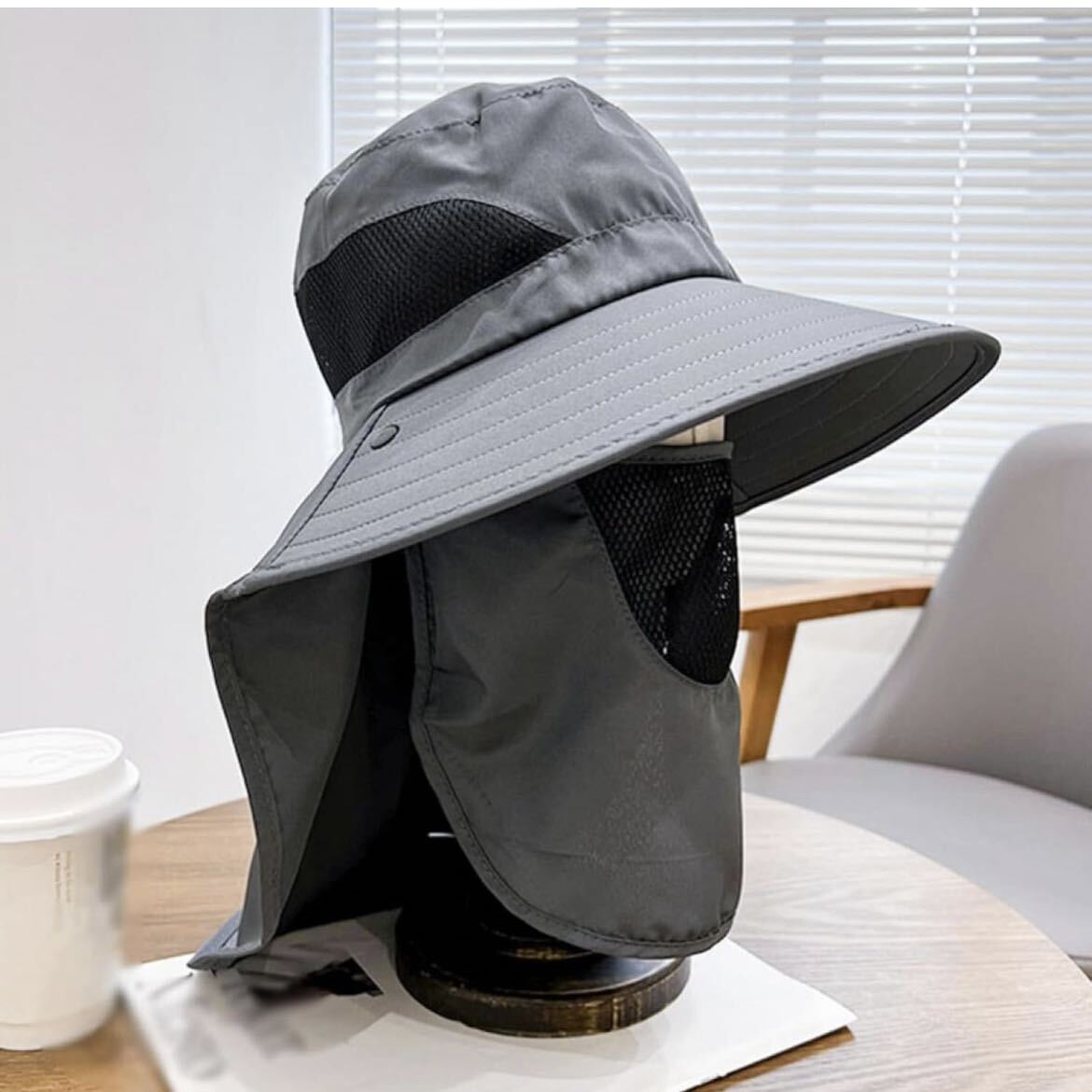 春夏 帽子 サンバイザー フェイスカバー日焼け帽子 紫外線対策 アウトドア グレーの画像3