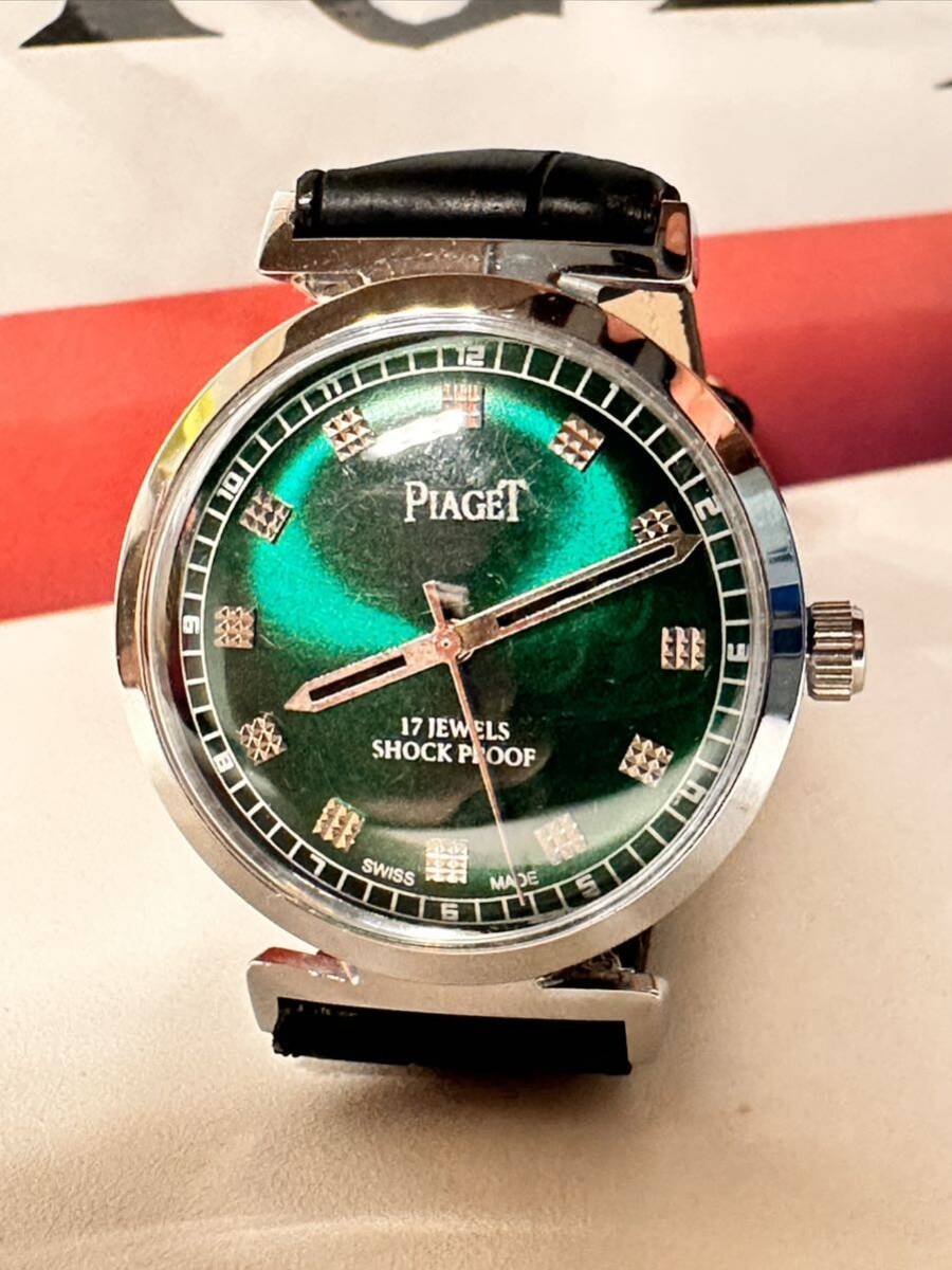 ヴィンテージ ピアジェ PIAGET 美しいグリーン文字盤 手巻き ユニセックス腕時計 ショックプルーフ ムーブメント 17石　スイス再生品 _画像2