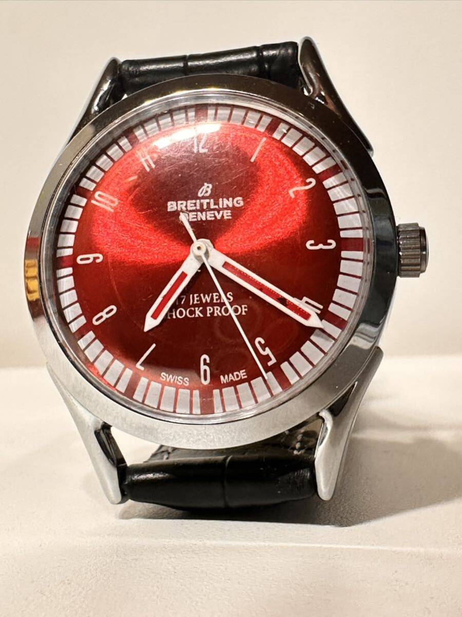 ヴィンテージ ブライトリング BREITLING 赤文字盤 手巻き ユニセックス腕時計 ショックプルーフ ムーブメント 17jewels スイス製 再生品の画像3
