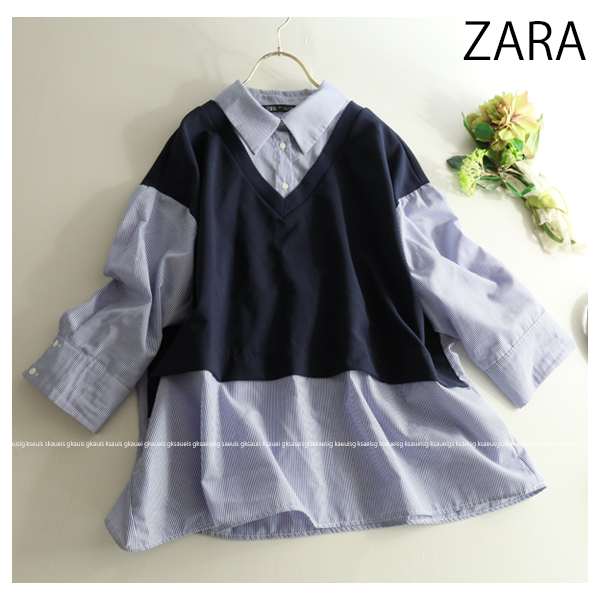 ZARA ザラ★大人可愛い♪ベストレイヤード風ストライプシャツ切替えドッキングプルオーバートップス_画像1