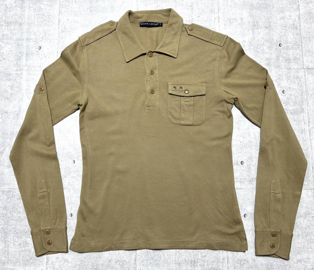 90s RALPH LAUREN エポレット付き ポロシャツ 袖ロールアップ  90年代 ラルフローレン インパクト21製 長袖 ミリタリータイプ 柳9434_画像1
