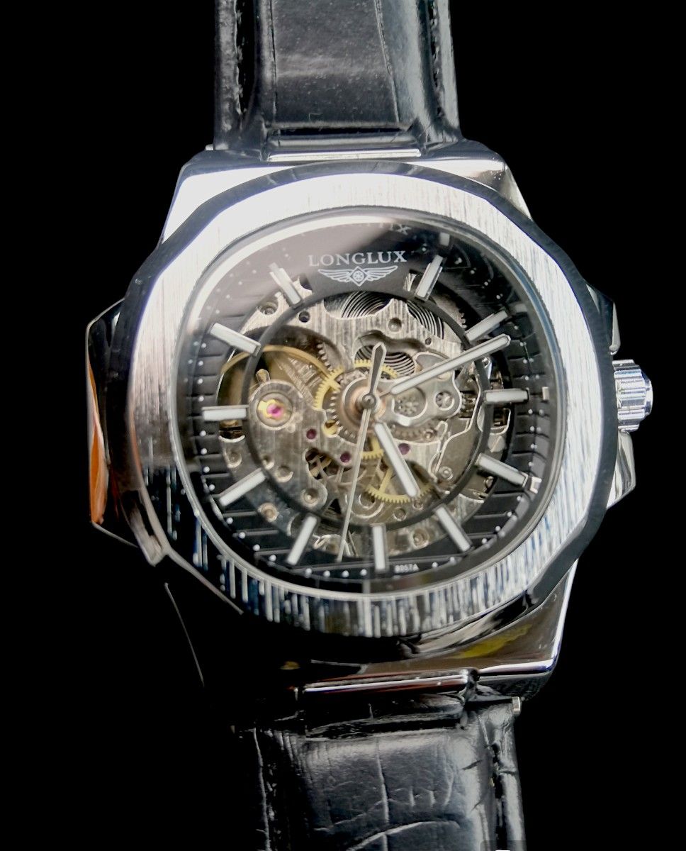 【LONGLUX】メンズ 腕時計  自動巻き スクエア ノーチラス   本革   スケルトン  ステンレススティール 