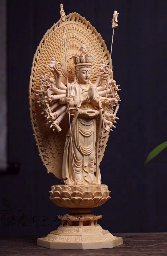 新作 総檜材 木彫仏像 仏教美術 精密細工 千手観音菩薩立像 高さ43cm_画像3