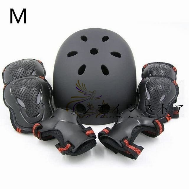 プロテクター ヘルメット 7点セット 子供用 大人用 肘 膝 手首 セット スケボー ブラック&レッド Mの画像1