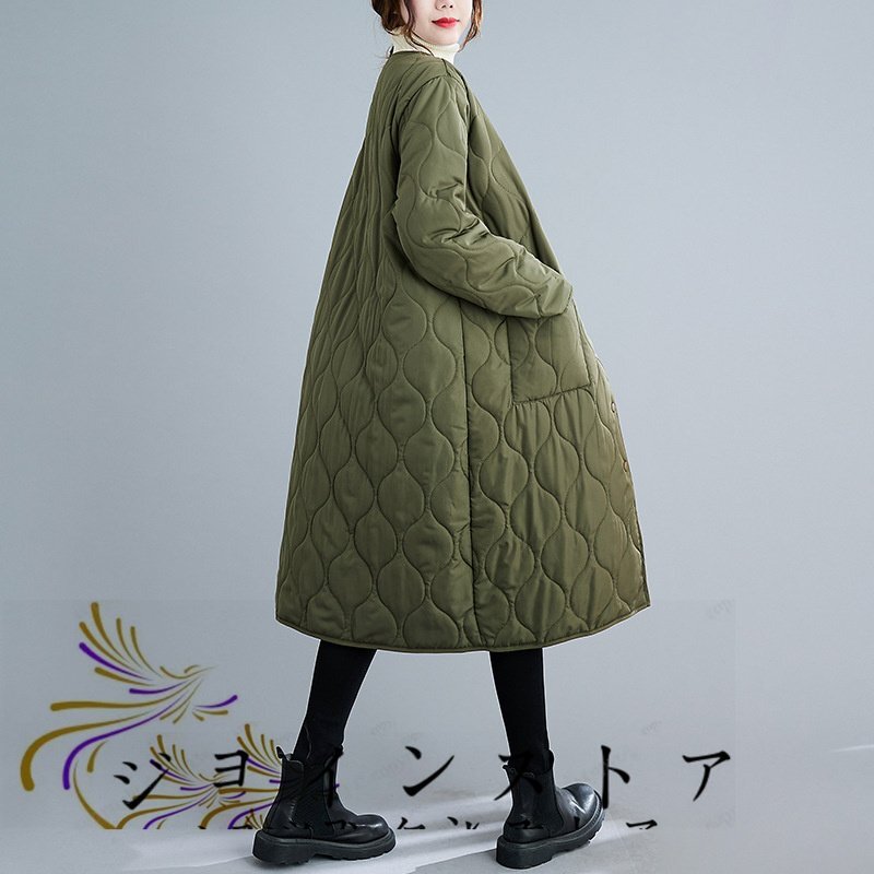 新入荷 秋冬 キルティングコート ロング レディース コート アウター ロングコート 中綿 大きいサイズ コート ノーカラー 2色 M~4XL_画像3