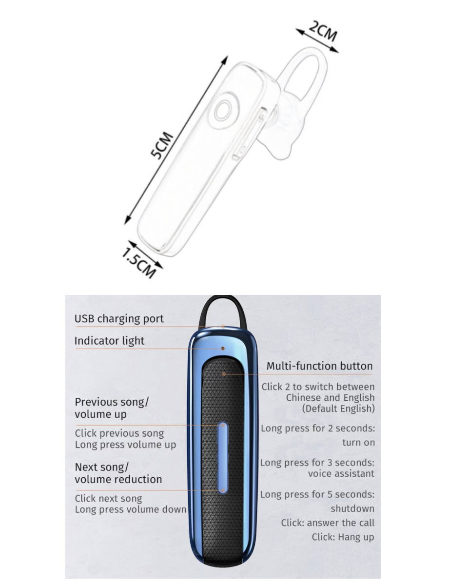 イヤホン　Bluetooth イヤホン ワイヤレスイヤホン 電話 通話 ゲーム 耳掛け型 イヤフォン イヤホンマイク 片耳 USB 充電 ブルー　1 黒_画像8