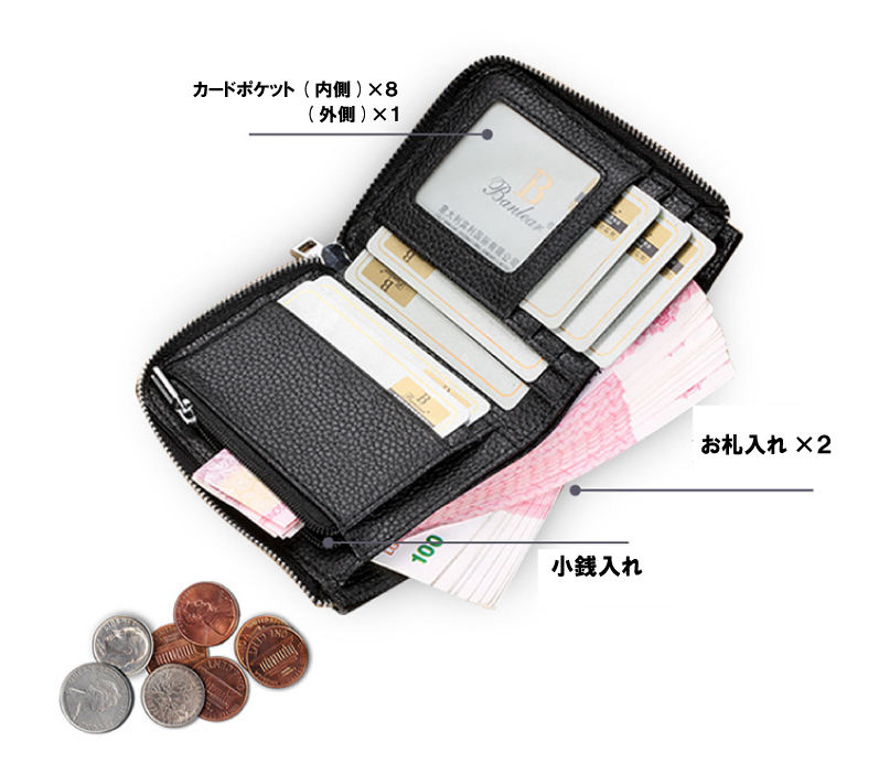財布 メンズ 二つ折り 本革 牛革 RFID対応 スキミング防止 ラウンドファスナー 小銭入れ カード入れ　コンパクト ギフト プレゼント