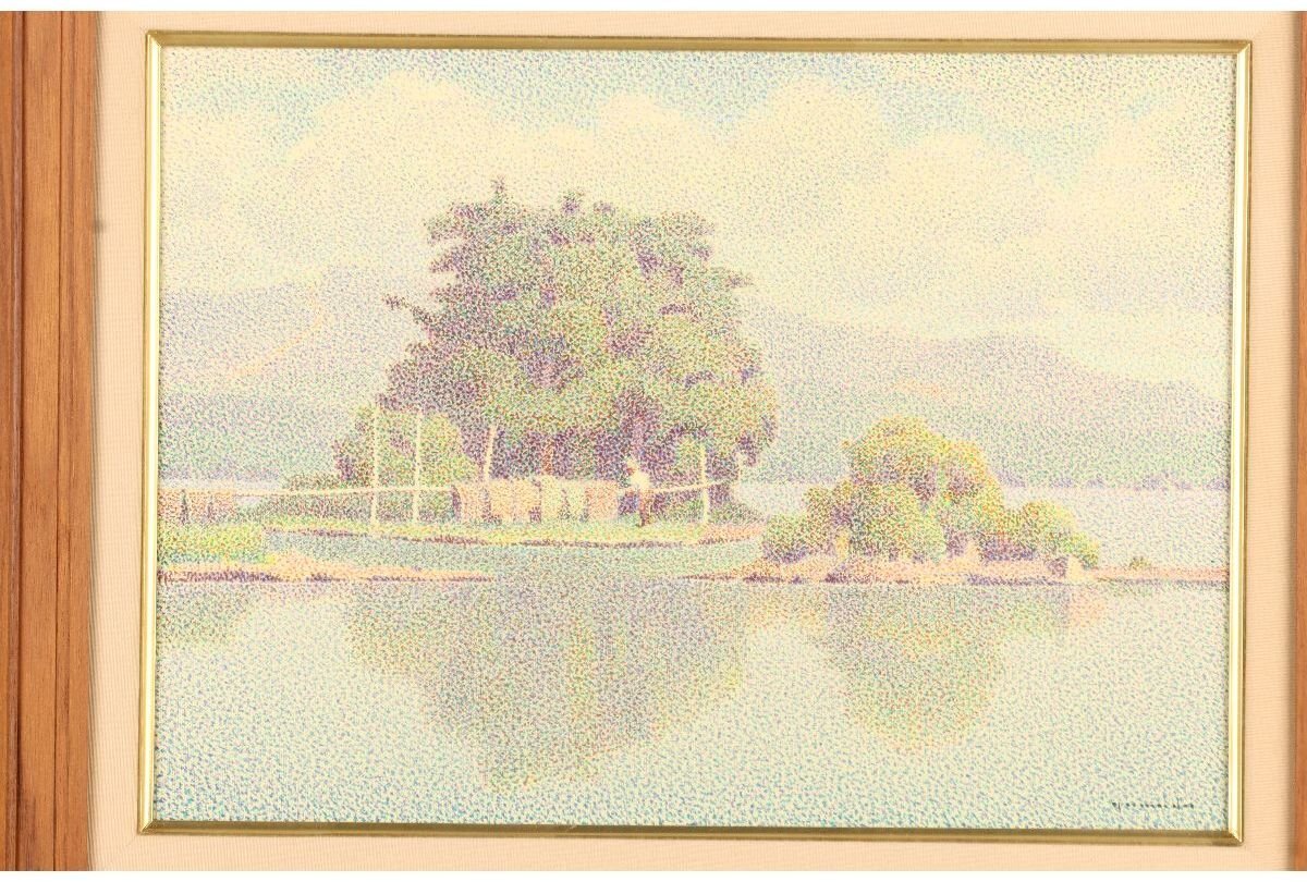 [ギャラ藤]真作保証/山田嘉彦「湖の風景」/油彩8号/タトウ箱/A-608(検)絵画/額装/油彩/油画/水彩/日本画/版画_画像2