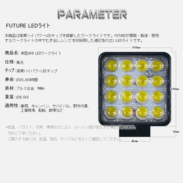 led作業灯 ワークライト 48W 6000LM 8Vから60V 12V 24V 狭角/広角 投光器 車 トラック 路肩灯 船舶灯 デッキライト 防水 2個 1年保証の画像5