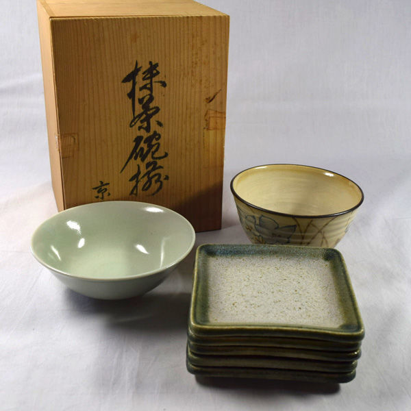 ★ 京焼 京山作 和食器 京焼 京山 抹茶碗揃(平茶碗・抹茶碗・菓子皿5) (0220346727)_画像1