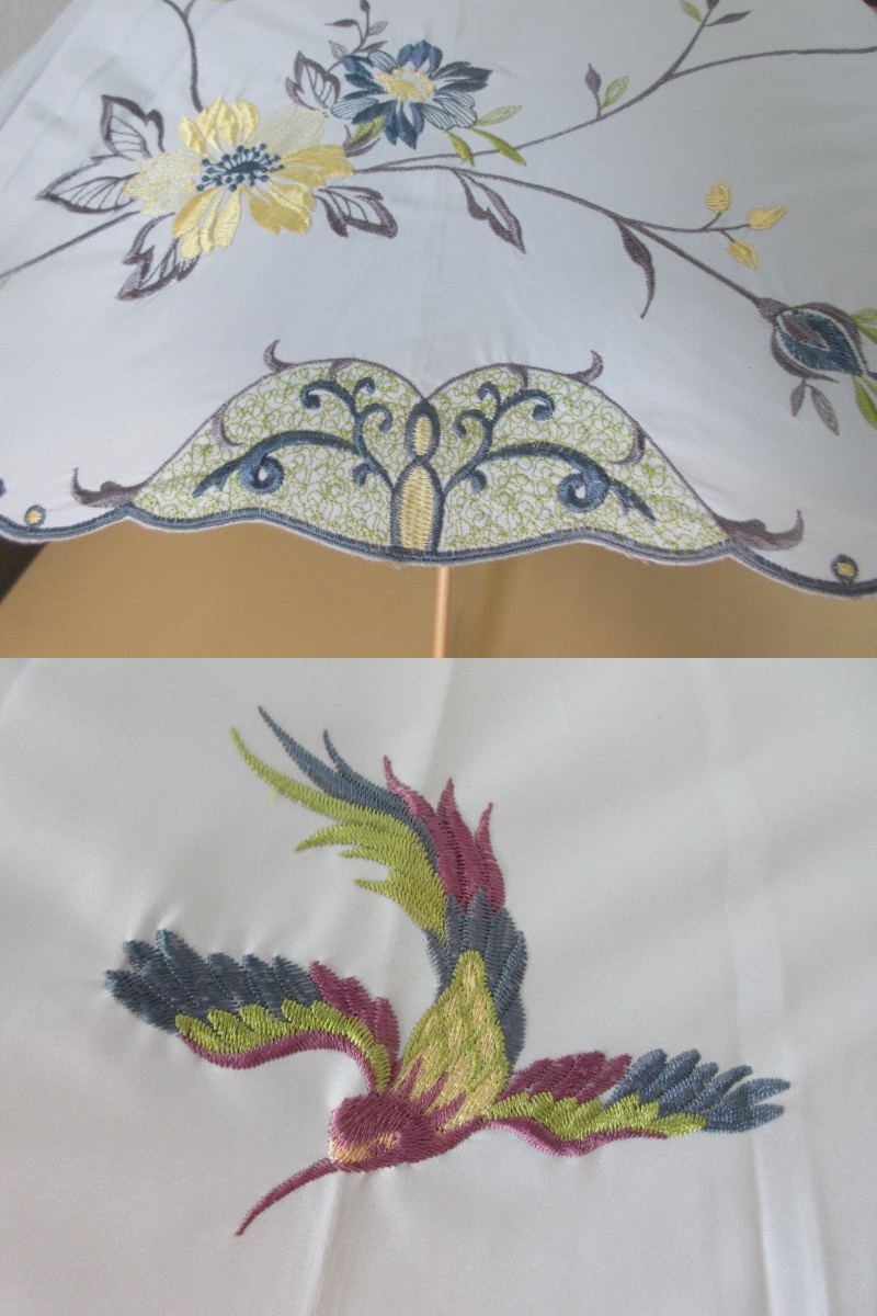 ( せ-A1-1151 )CHINOISERIE MODERN シノワズリーモダン 日傘 手開き式 ホワイト 白 鳥 花 刺繍 全長約83.5cm 半径約45cm 中古の画像5