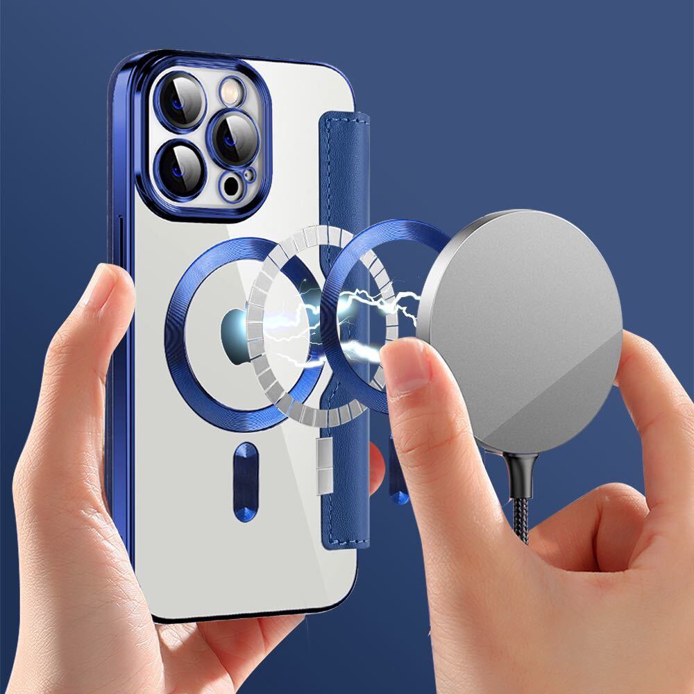 iPhone 14 pro キルティングケース アイフォン14 プロ　クリア レザーケース iPhone14 pro カバー カード収納 MagSafe充電 手帳型 ブルー_画像6