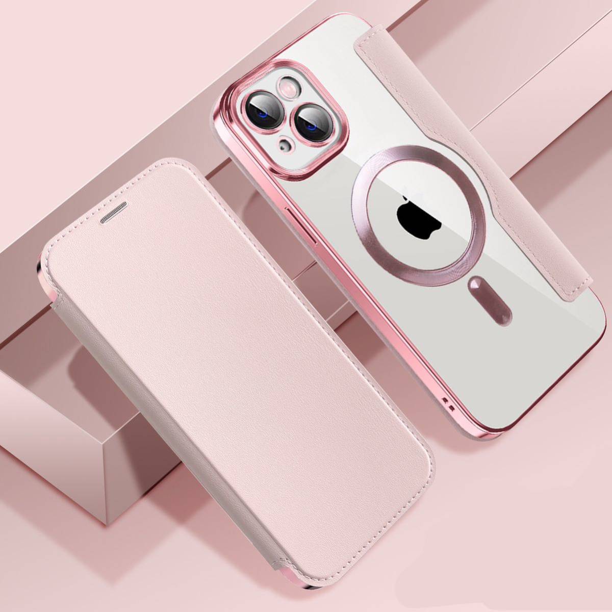 iPhone 15 plus レザーケース アイフォン15 プラス クリアケース iPhone15 plus カバー 透明 カード収納 MagSafe充電 手帳型 ピンク_画像7