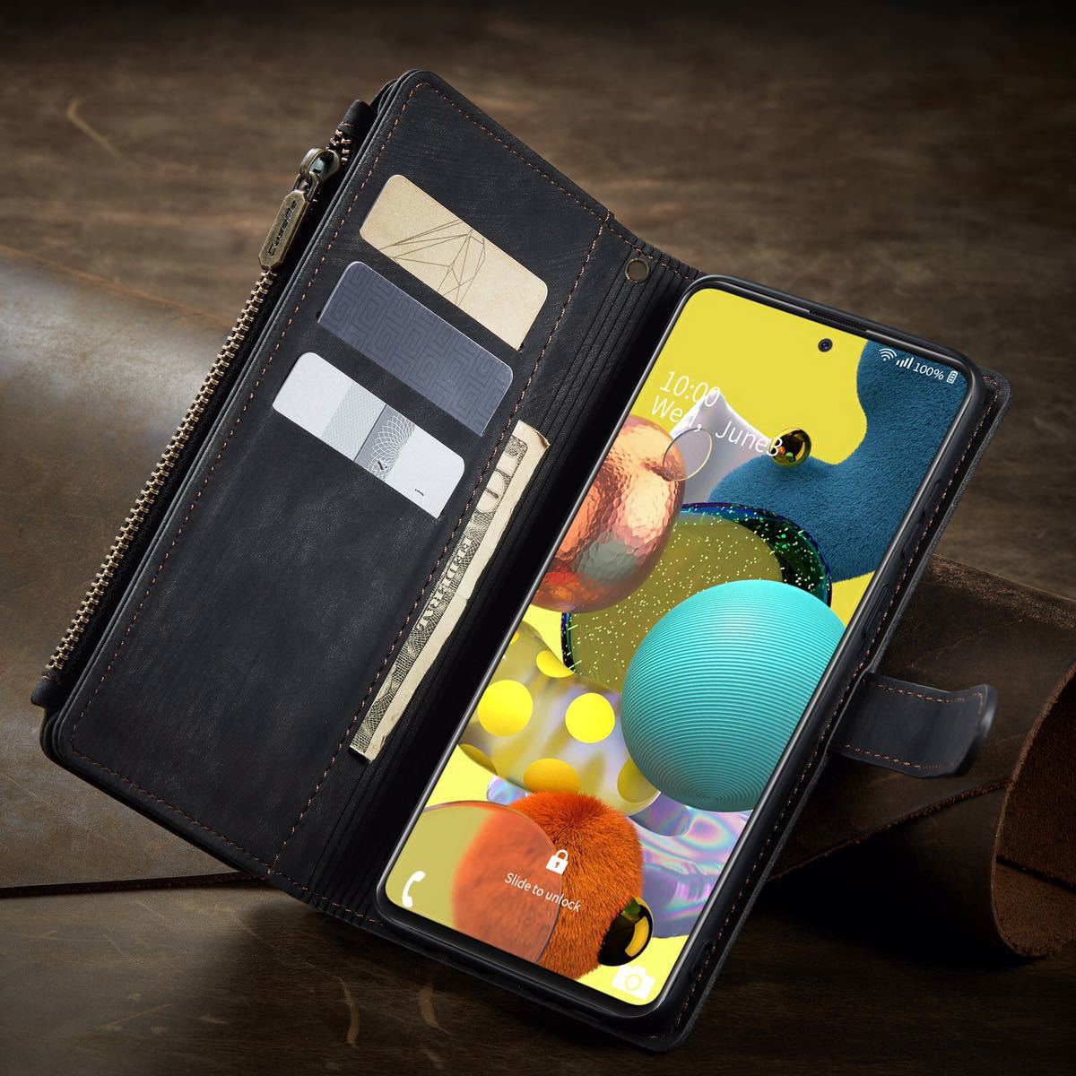 Galaxy A51 レザーケース ギャラクシー A51 ケース Galaxy A51 カバー SCG07 SC-54A カード収納 手帳型 お財布付き ストラップ付き 黒_画像3