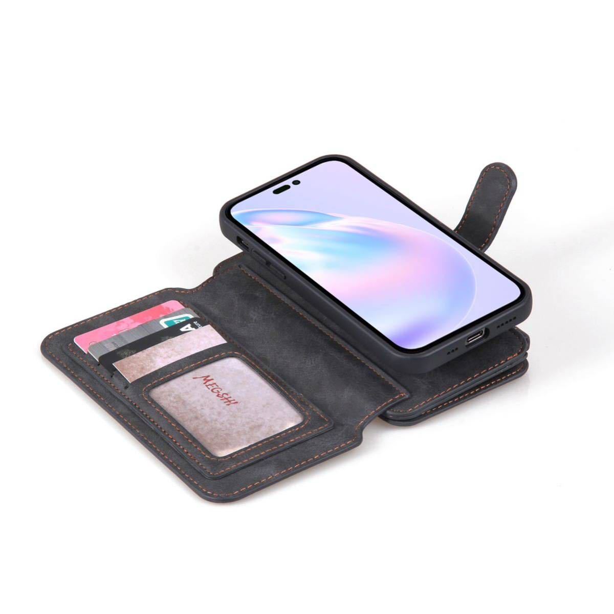 iPhone 14 レザーケース iPhone14 カバー アイフォン14 レザーケース 6.1インチ 財布型 手帳型 お財布付き カード収納 黒
