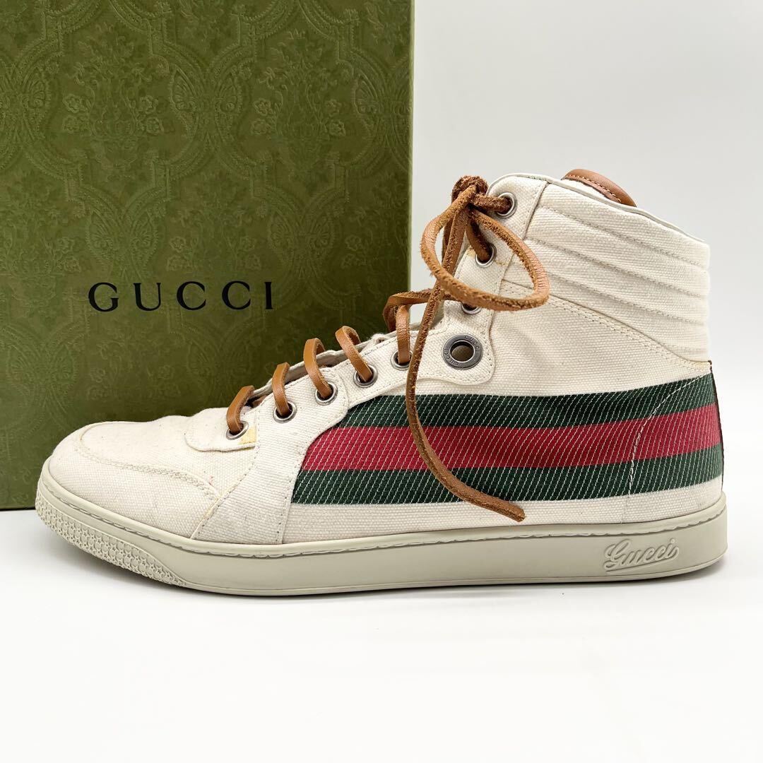 激安！ 1円 【美品】 GUCCI グッチ 【圧倒的高級感】 メンズ スニーカー ハイカット シューズ 靴 ブーツ シェリーライン レザー紐 ホワイトの画像1