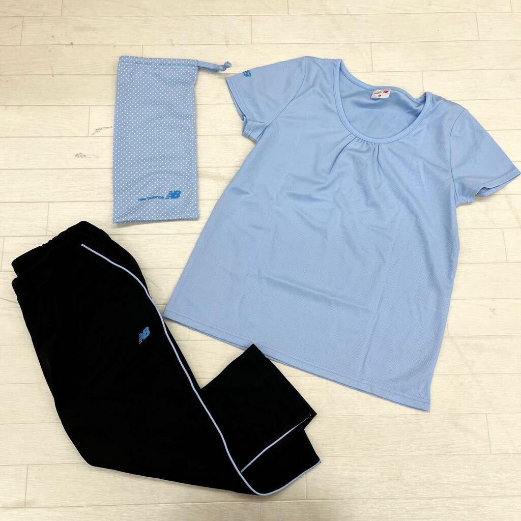 1430◎ new balance ニューバランス セットアップ ジャージ 上下 Tシャツ カットソー パンツ ズボン ブラック ライトブルー レディースM_画像1