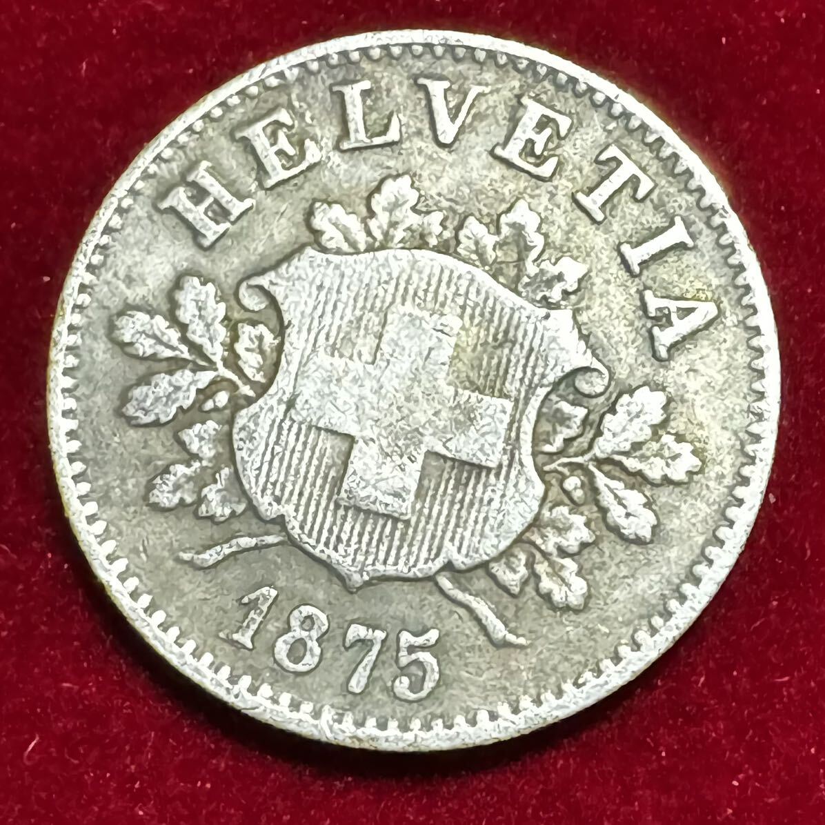 スイス 紋章シリーズ 硬貨 古銭 1875年 10ラッペン ヘルベティア 国章 盾 樫の枝 コイン 銀貨 外国古銭 海外硬貨 の画像1