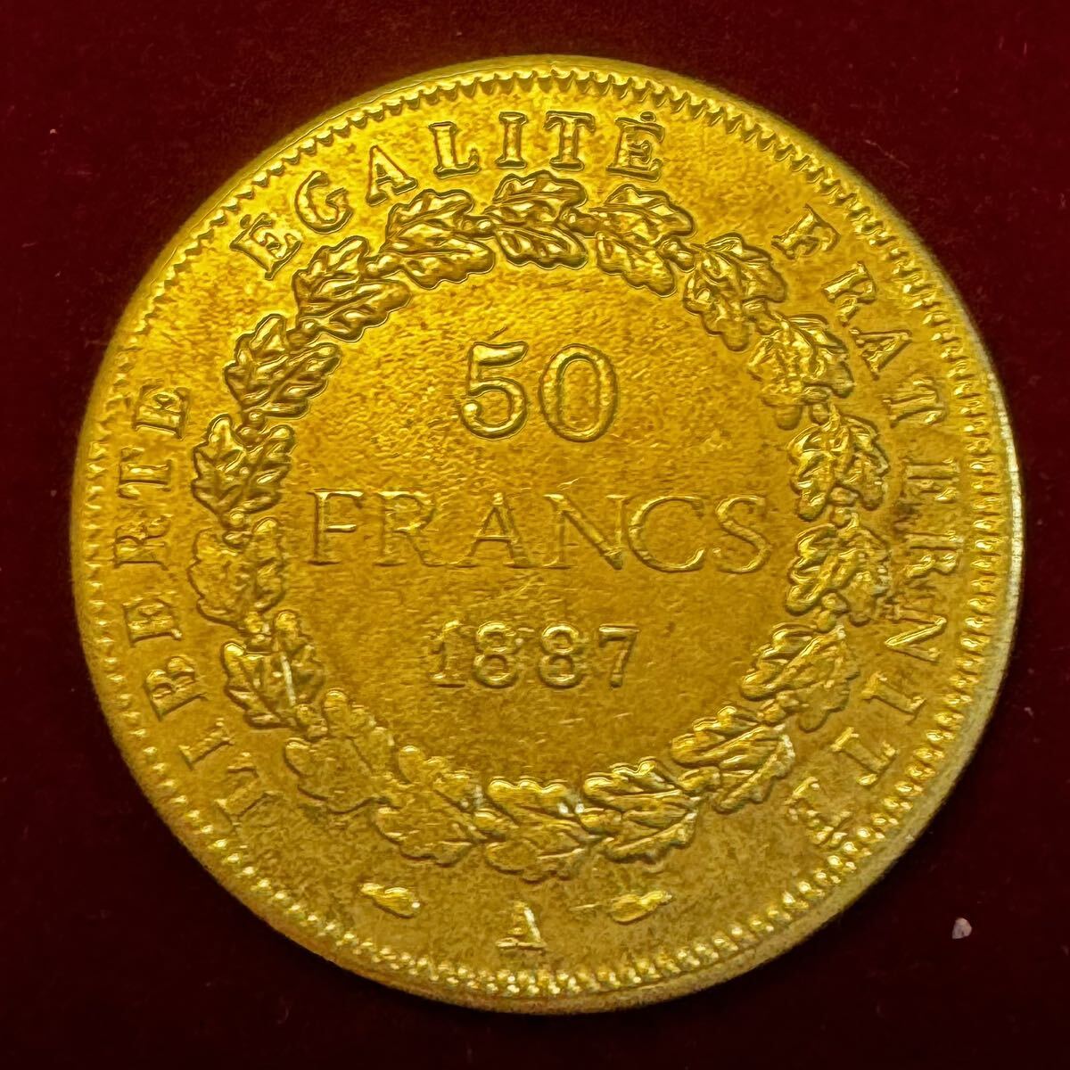 フランス 硬貨 古銭 第三共和政 1887年 共和国の天才 梁 雄鶏 花輪 50フラン コインの画像2