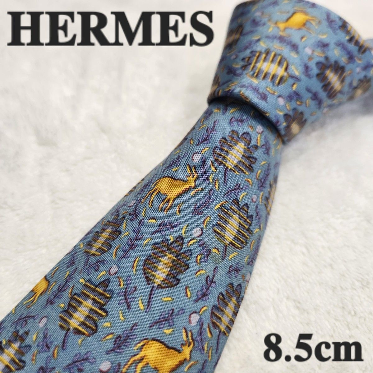 【HERMES】エルメス　ハイブランドネクタイ　くすみ青　鹿　草　メンズ