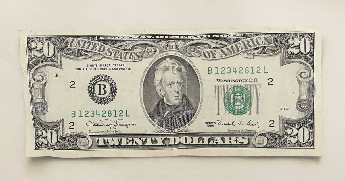 【海外紙幣】アメリカ ２０ドル 旧紙幣 １９９０年 B券 TWENTY DOLLARS 米ドル 古紙幣 折目・シワ 現状品の画像1