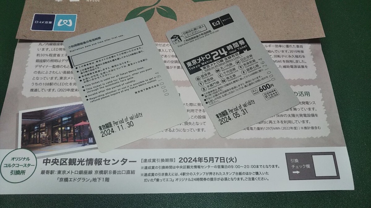 乗ってエコ+北斗の拳 東京メトロ 24時間券 乗ってエコの押印済み未引き換えスタンプシート付 コルクコースター貰えるの画像2