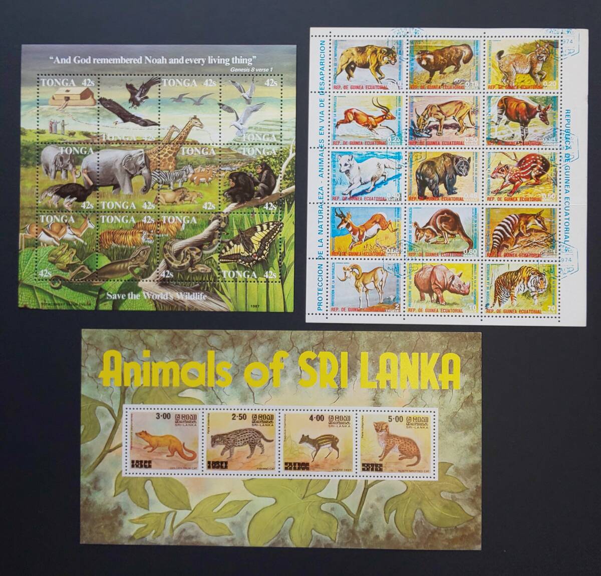 動物シート切手 トンガ、スリランカ、赤道ギニア シート切手の画像1
