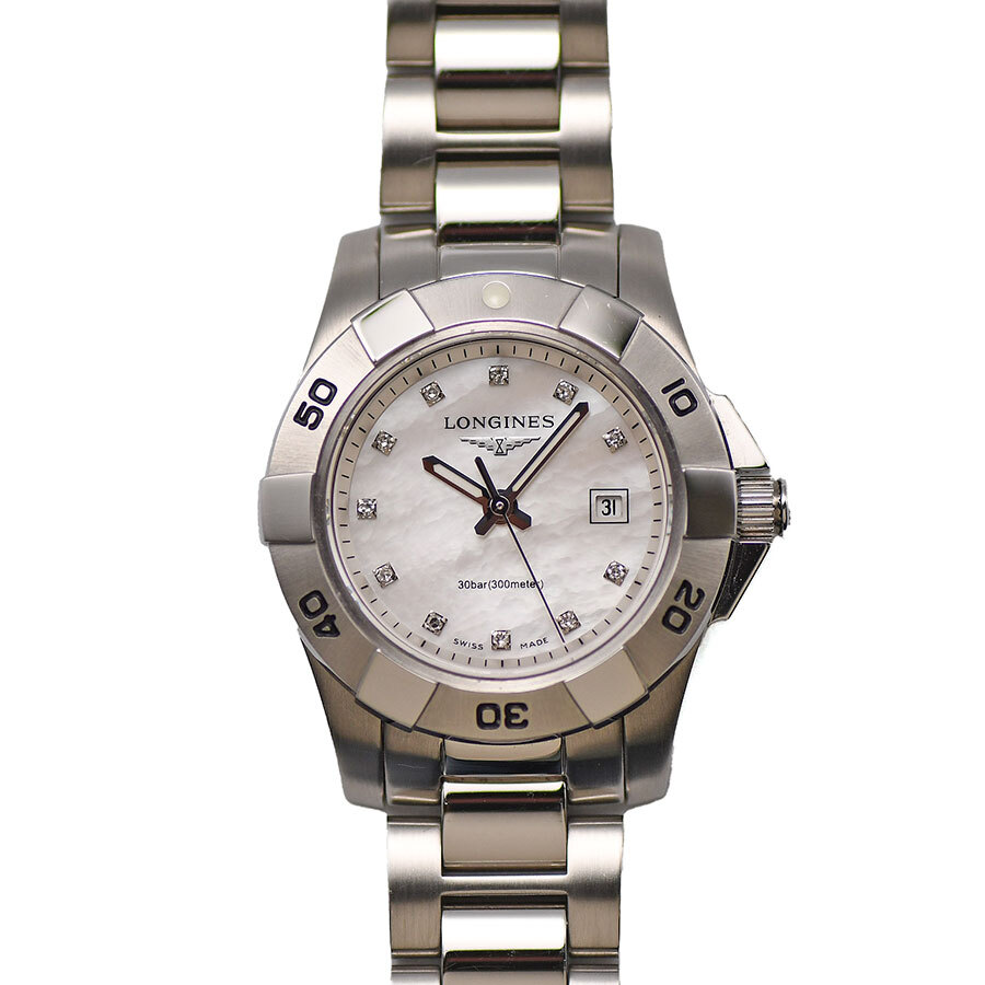 【冬バーゲン★特別送料無料!】 ハイドロコンクエスト LONGINES ロンジン L3.298.4.87.6 中古 腕時計 婦人用 女性用 レディース 11Pダイヤ シェル 300m防水 クォーツ ハイドロ コンクエスト