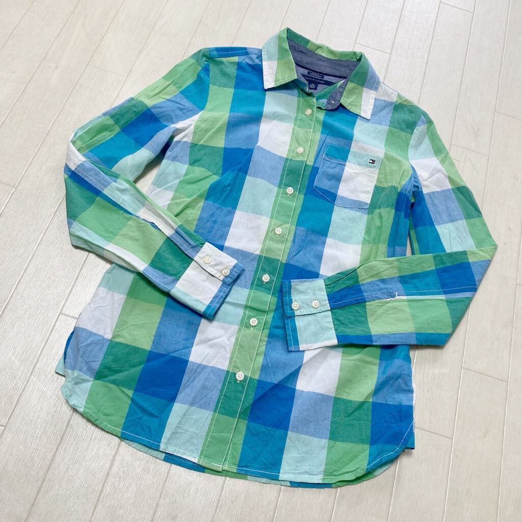 3896* TOMMY HILFIGER Tommy Hilfiger tops long sleeve shirt casual shirt lady's XS green blue 