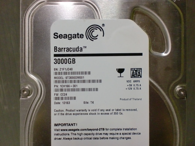 【3.5インチHDD/3000GB 3TB】Seagate Barracuda ST3000DM001 SATA 217回/563H_画像2