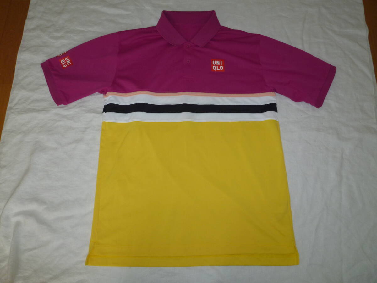 USED Uniqlo tennis short sleeves dry polo-shirt L 341-416803 pink yellow 